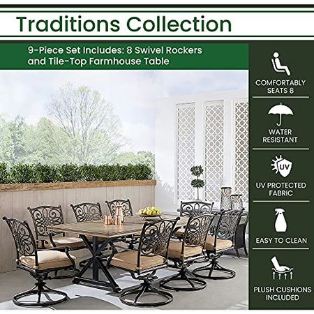 Traditions 9-Piece Dining Set in Tan with 8 Swivel Rockers and 42-in. x 80-in. Tile-Top Farmhouse Table
