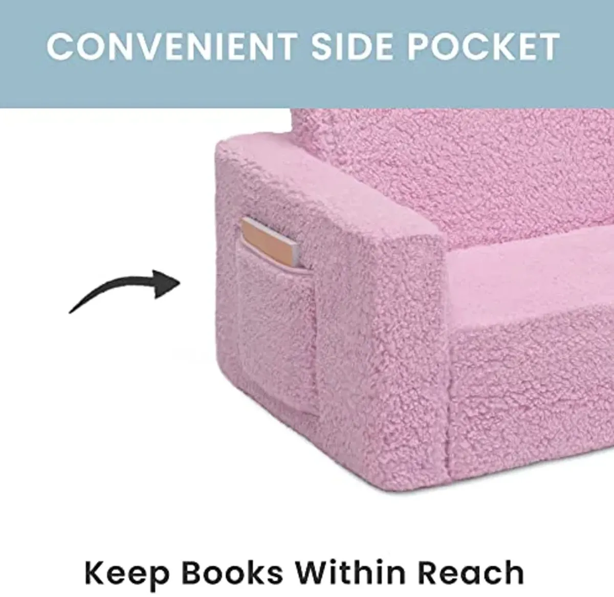 Delta Children Cozee Flip-Out Sherpa 2-in-1 Convertible Sofa to Lounger for Kids, Pink