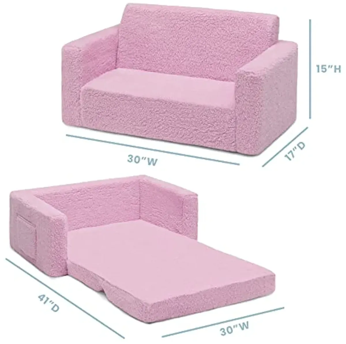 Delta Children Cozee Flip-Out Sherpa 2-in-1 Convertible Sofa to Lounger for Kids, Pink