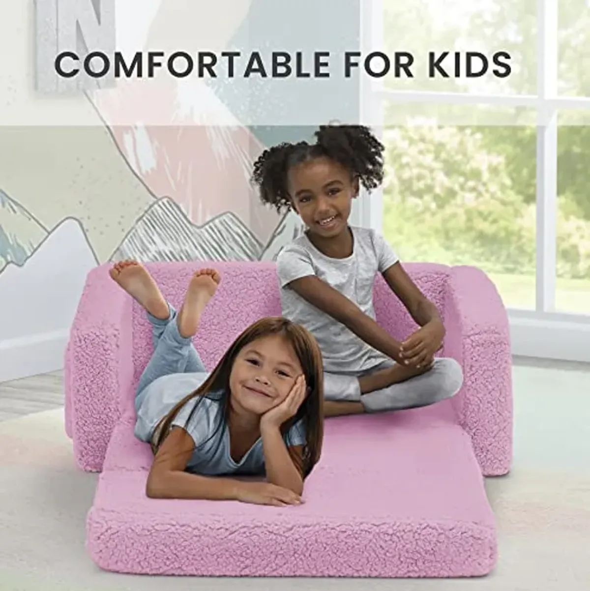 Delta Children Cozee Flip-Out Sherpa 2-in-1 Convertible Sofa to Lounger for Kids, Pink