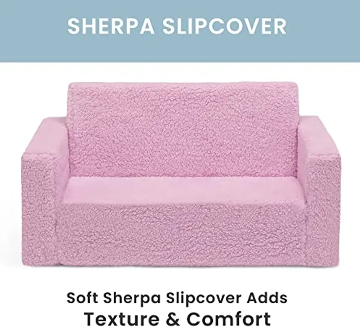 Delta Children Cozee Flip-Out Sherpa 2-in-1 Convertible Sofa to Lounger for Kids, Pink