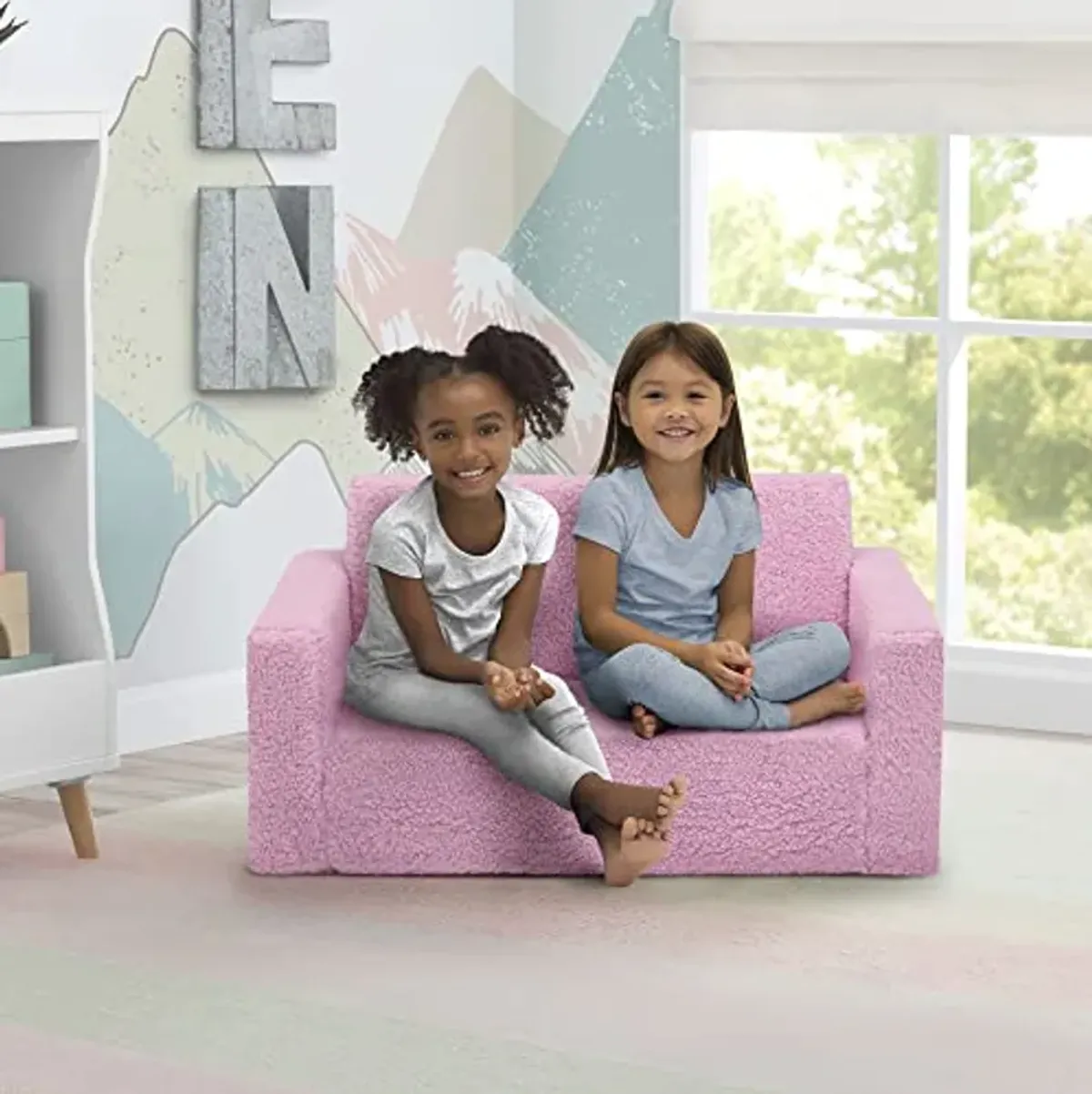 Delta Children Cozee Flip-Out Sherpa 2-in-1 Convertible Sofa to Lounger for Kids, Pink