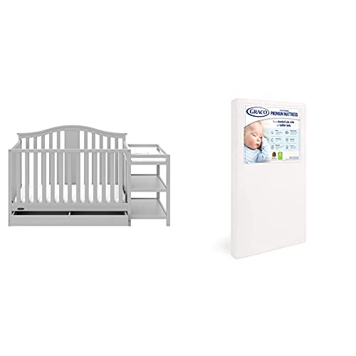 Graco Solano 4 in 1 Convertible Crib and Changer w/ Drawer - Pebble Gray & Graco Premium Foam Crib and Toddler Mattress, White – Ships Compressed in Lightweight Box, Ideal Mattress Firmness