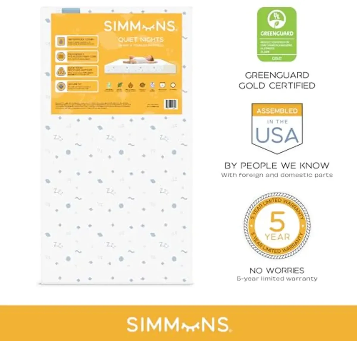 Simmons Kids Quiet Nights Dual Sided Baby Crib Mattress & Toddler Mattress - Sustainably Sourced Core - Waterproof - Hypoallergenic - GREENGUARD Gold Certified (Natural) - Ideal Firmness - Made in USA