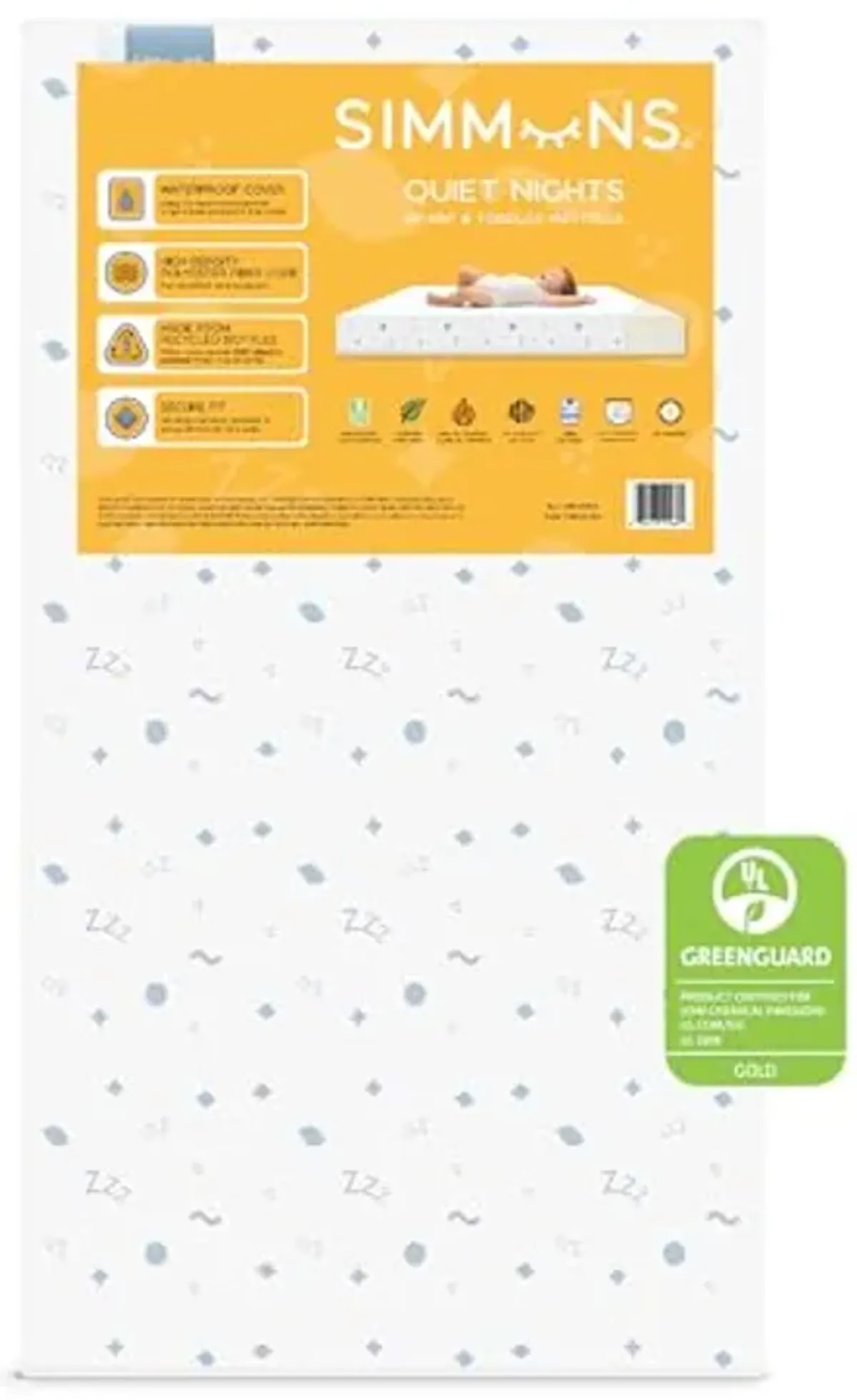 Simmons Kids Quiet Nights Dual Sided Baby Crib Mattress & Toddler Mattress - Sustainably Sourced Core - Waterproof - Hypoallergenic - GREENGUARD Gold Certified (Natural) - Ideal Firmness - Made in USA