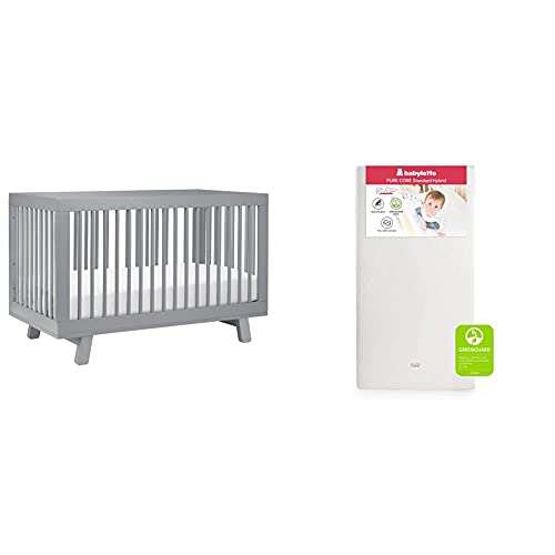 babyletto Hudson 3-in-1 Convertible Crib with Toddler Bed Conversion Kit in Grey with Pure Core Crib Mattress Hybrid Quilted Waterproof Cover, Greenguard Gold Certified
