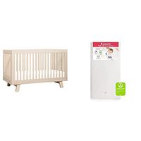 babyletto Hudson 3-in-1 Convertible Crib with Toddler Bed Conversion Kit in Washed Natural with Pure Core Crib Mattress Hybrid Quilted Waterproof Cover, Greenguard Gold Certified