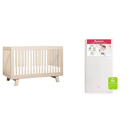 babyletto Hudson 3-in-1 Convertible Crib with Toddler Bed Conversion Kit in Washed Natural with Pure Core Crib Mattress Hybrid Quilted Waterproof Cover, Greenguard Gold Certified