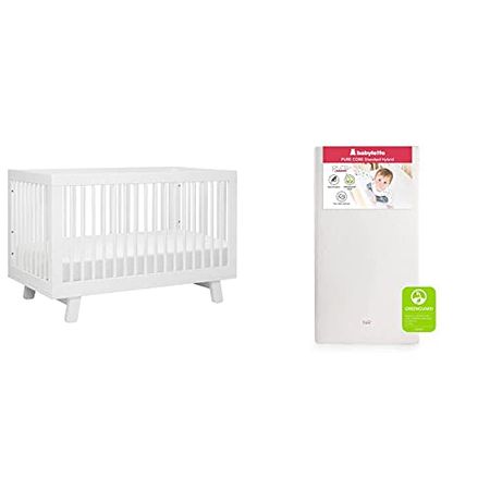 babyletto Hudson 3-in-1 Convertible Crib with Toddler Bed Conversion Kit in White with Pure Core Crib Mattress Hybrid Quilted Waterproof Cover, Greenguard Gold Certified