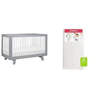babyletto Hudson 3-in-1 Convertible Crib with Toddler Bed Conversion Kit in Grey/White with Pure Core Crib Mattress Hybrid Quilted Waterproof Cover, Greenguard Gold Certified