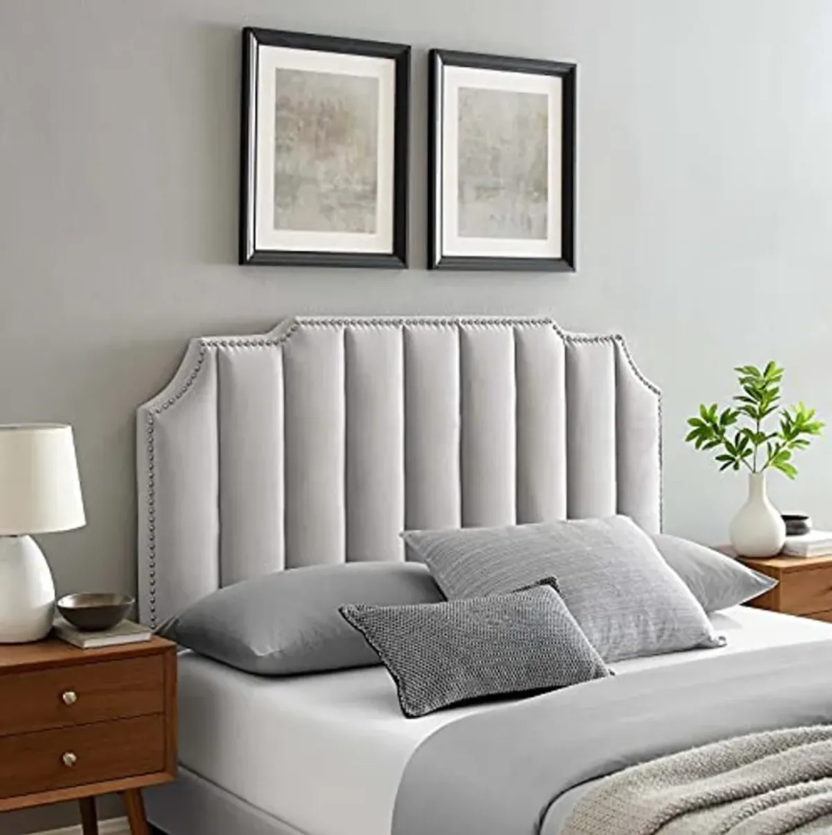 Modway Rosalind Channel Tufted Performance Velvet Headboard, Full/Queen, Light Gray