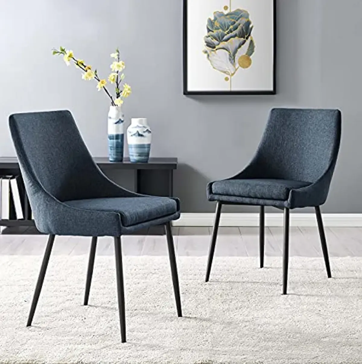 Modway Viscount Upholstered Fabric Side Dining Chairs in Black Azure - Set of 2