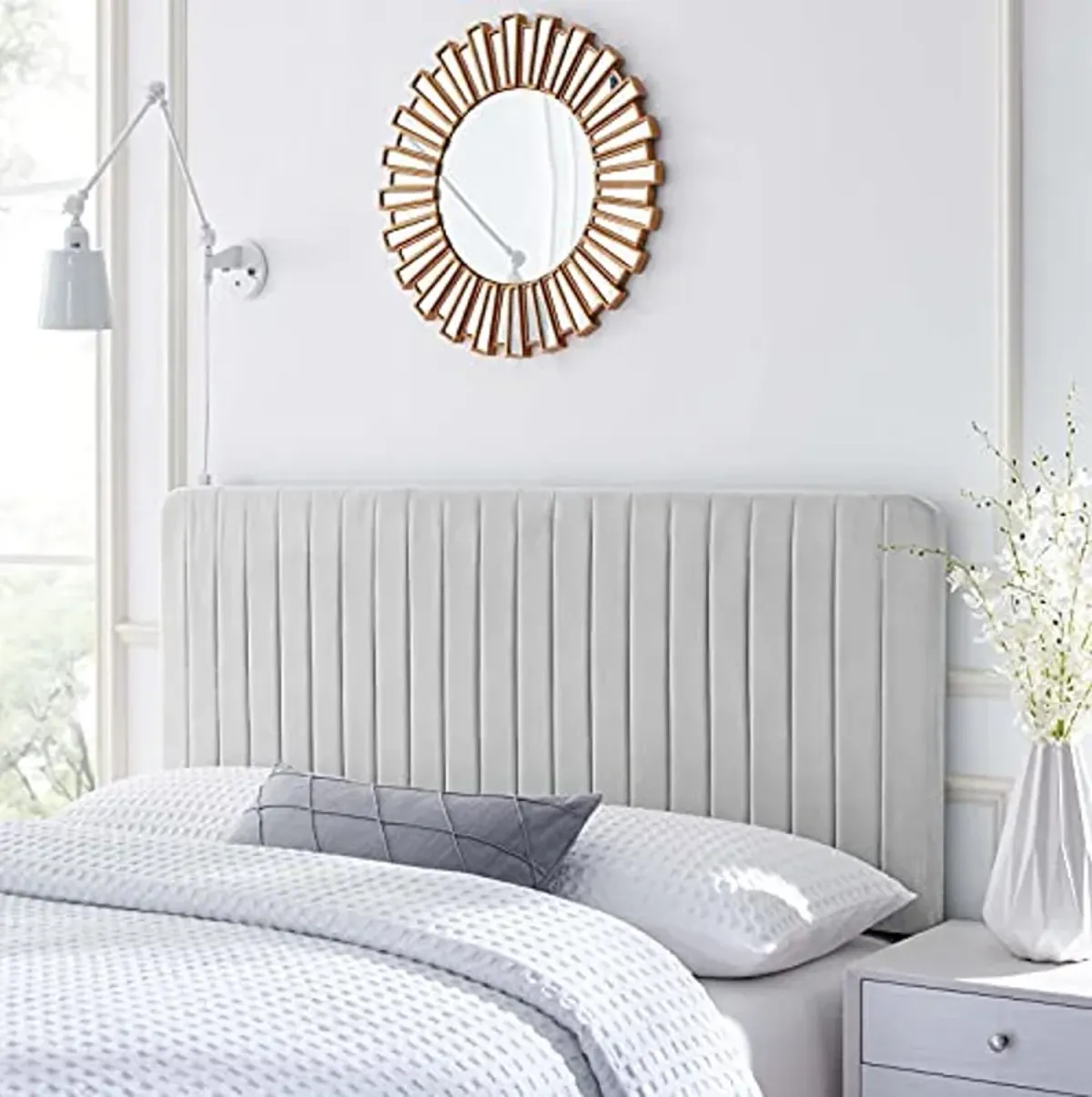 Modway Milenna Channel Tufted Performance Velvet Twin Headboard in Light Gray