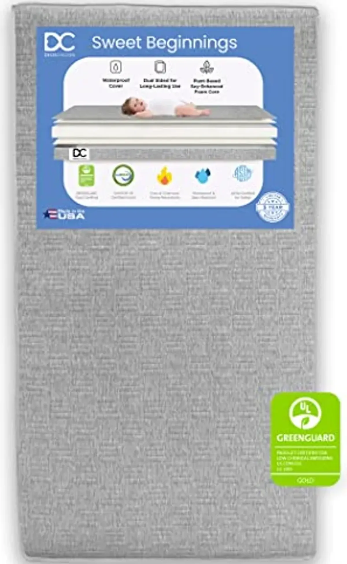 Delta Children Sweet Beginnings Dual Sided Crib and Toddler Mattress in a Box - GREENGUARD Gold and CertiPUR-US Certified - Plant-Based Soy Foam Core - Waterproof - 5 Year Warranty - Made in USA