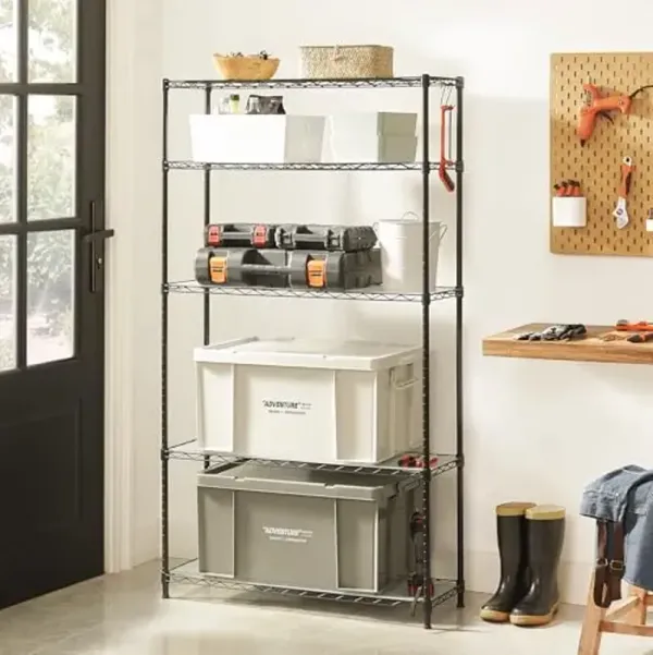SONGMICS 5-Tier Storage Unit, Wire Shelving, Kitchen Metal Rack With Adjustable Shelves, Shelf Liners, 8 Hooks, for Garage, 11.8 x 35.4 x 63 Inches, Black ULGR095B01
