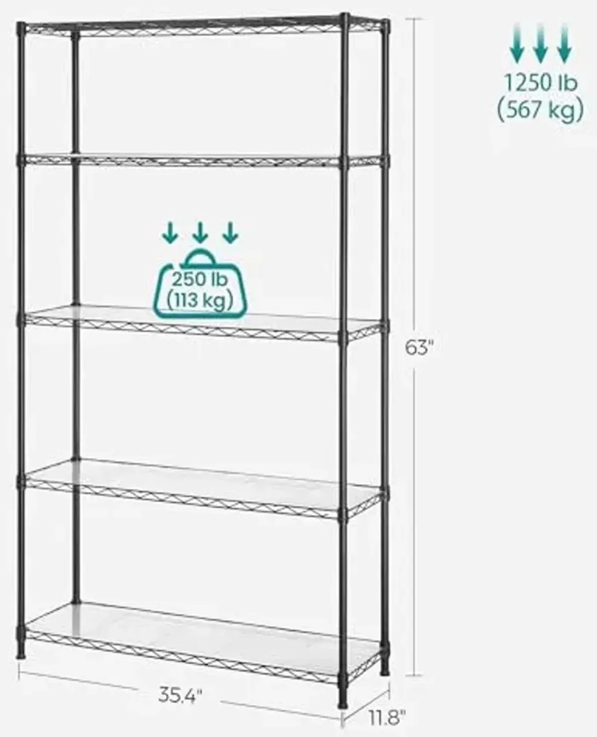 SONGMICS 5-Tier Storage Unit, Wire Shelving, Kitchen Metal Rack With Adjustable Shelves, Shelf Liners, 8 Hooks, for Garage, 11.8 x 35.4 x 63 Inches, Black ULGR095B01
