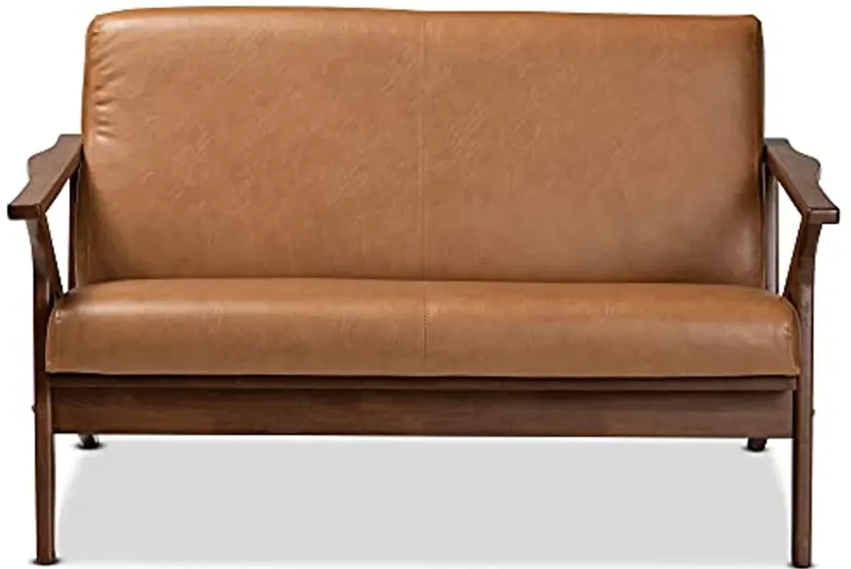 Baxton Studio Bianca Mid-Century Modern Walnut Brown Finished Wood and Tan Faux Leather Effect Loveseat