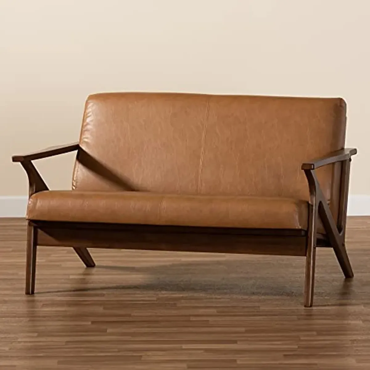 Baxton Studio Bianca Mid-Century Modern Walnut Brown Finished Wood and Tan Faux Leather Effect Loveseat