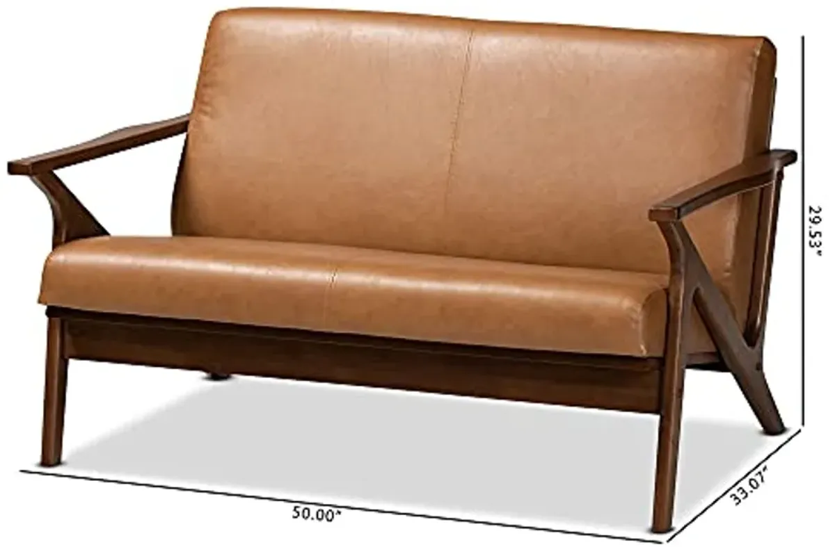 Baxton Studio Bianca Mid-Century Modern Walnut Brown Finished Wood and Tan Faux Leather Effect Loveseat