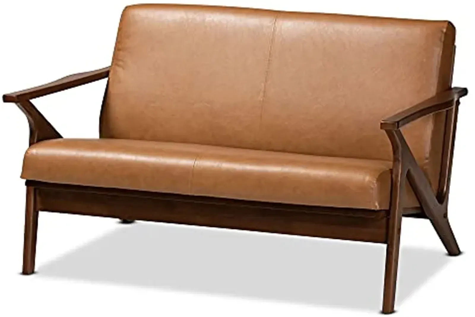 Baxton Studio Bianca Mid-Century Modern Walnut Brown Finished Wood and Tan Faux Leather Effect Loveseat