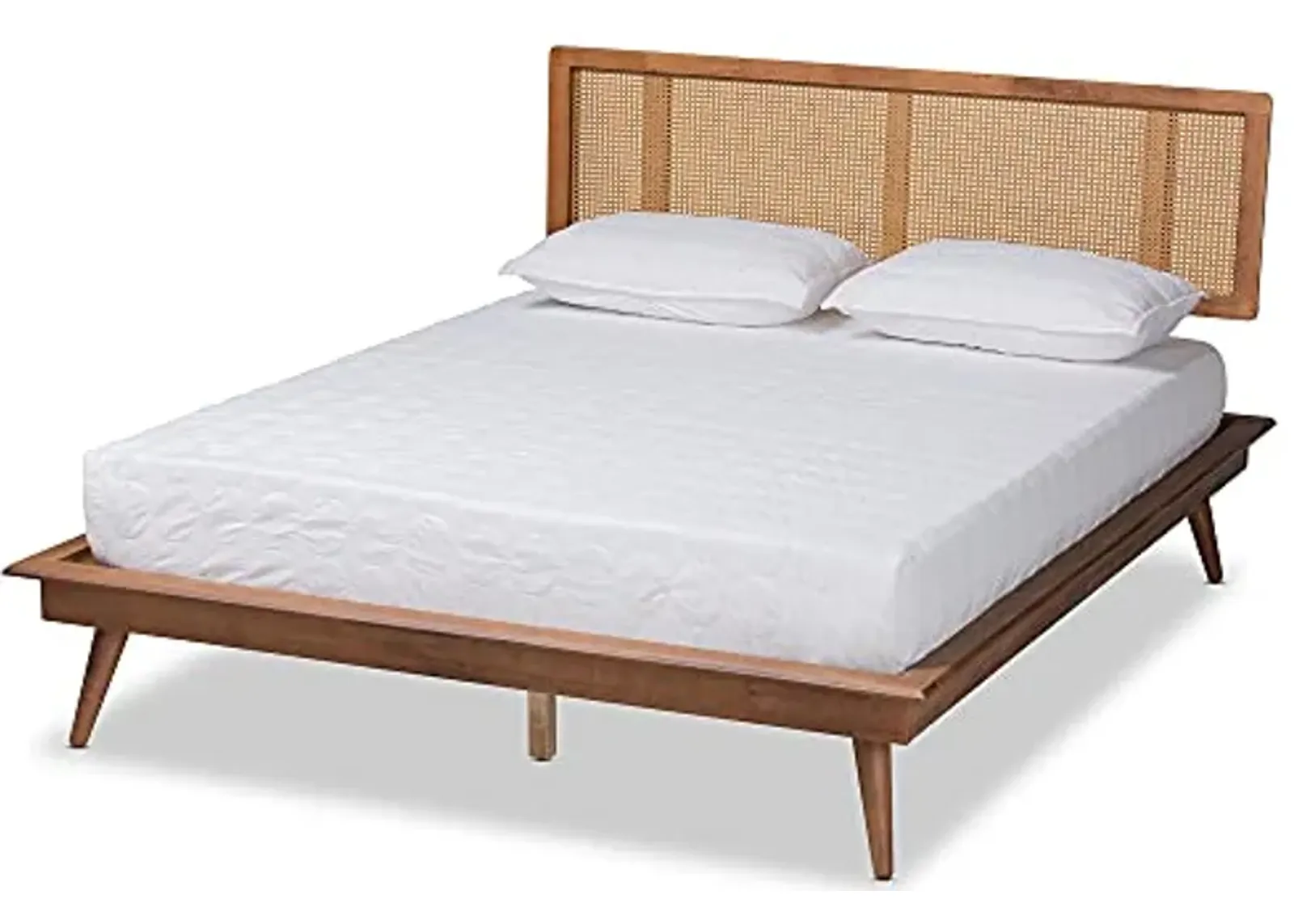 Baxton Studio Nura Mid-Century Modern Walnut Brown Finished Wood and Synthetic Rattan Full Size Platform Bed