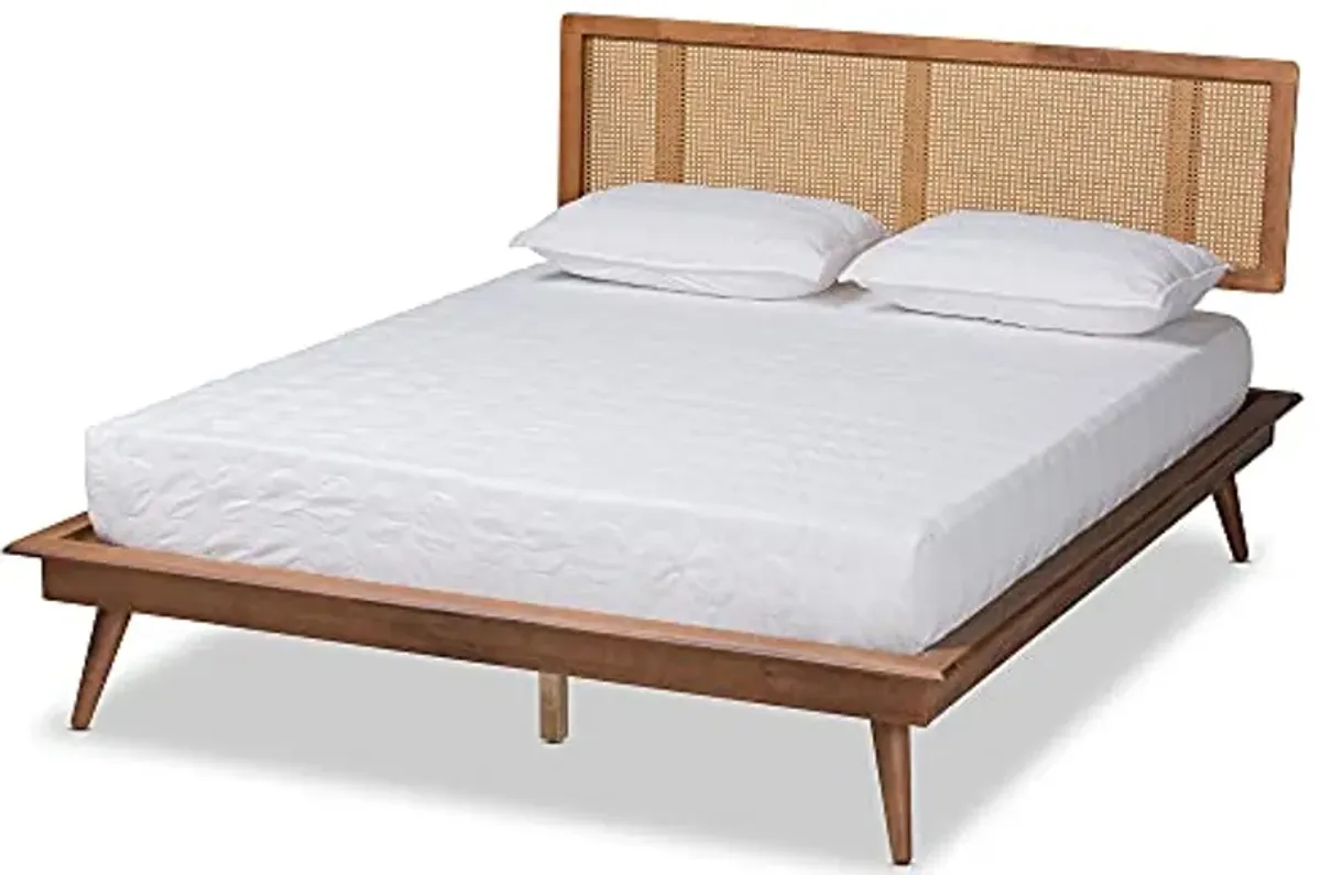 Baxton Studio Nura Mid-Century Modern Walnut Brown Finished Wood and Synthetic Rattan Full Size Platform Bed