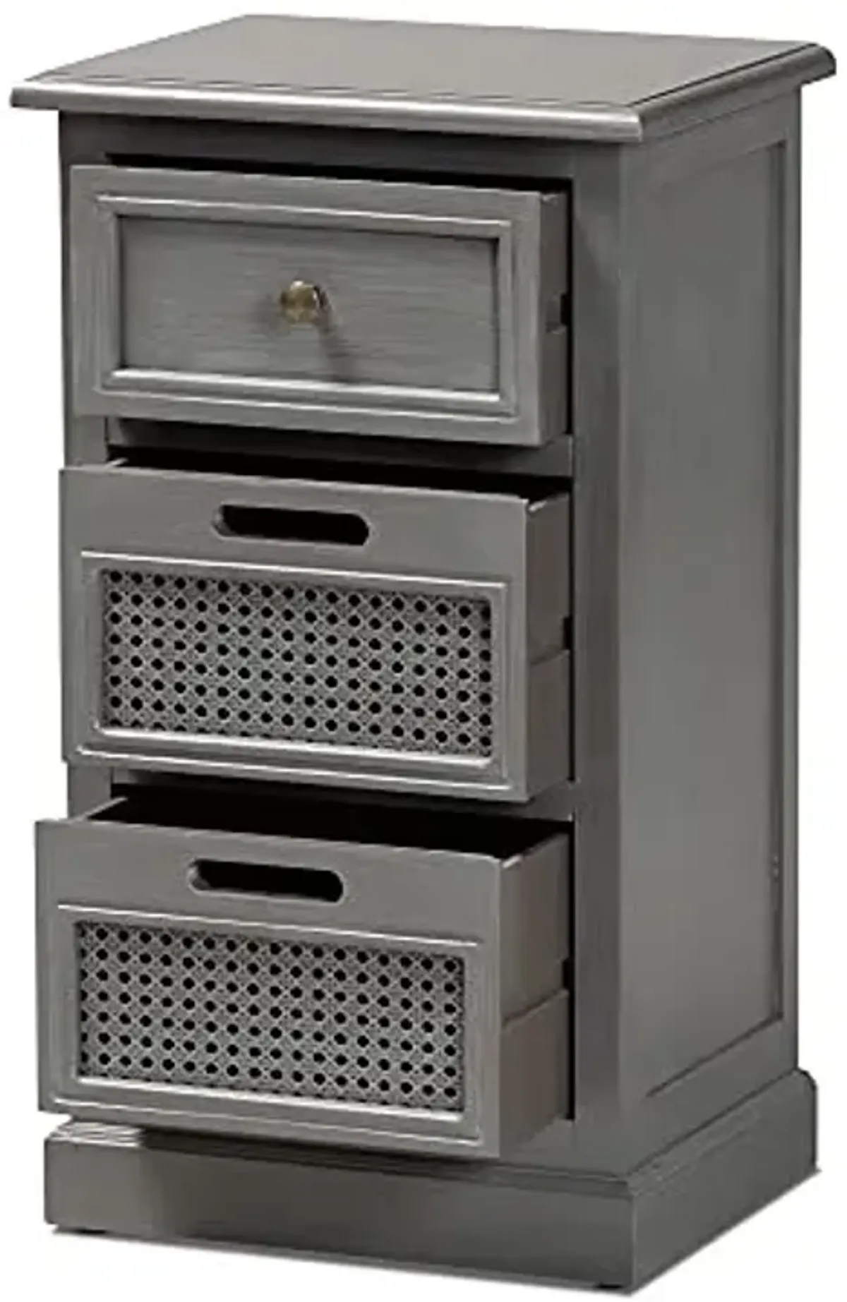 Baxton Studio Sheldon Modern and Contemporary Vintage Grey Finished Wood and Synthetic Rattan 3-Drawer End Table