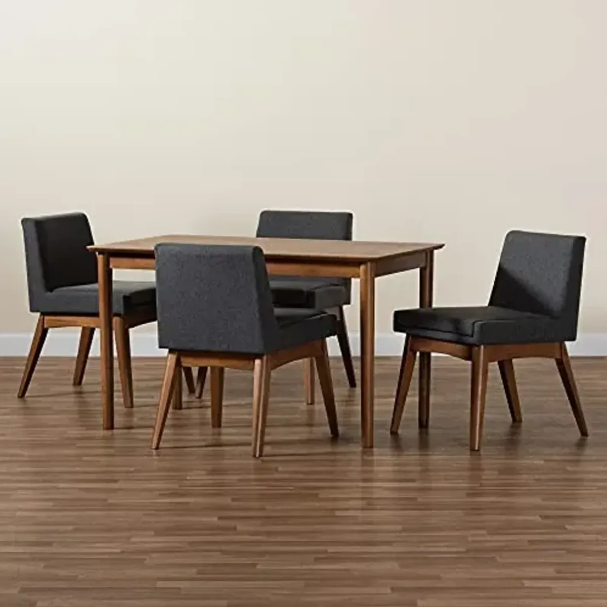 Baxton Studio Nexus Dining Set Dining Set Dark Grey Fabric Upholstered and Walnut Brown Finished Wood 5-Piece Dining Set