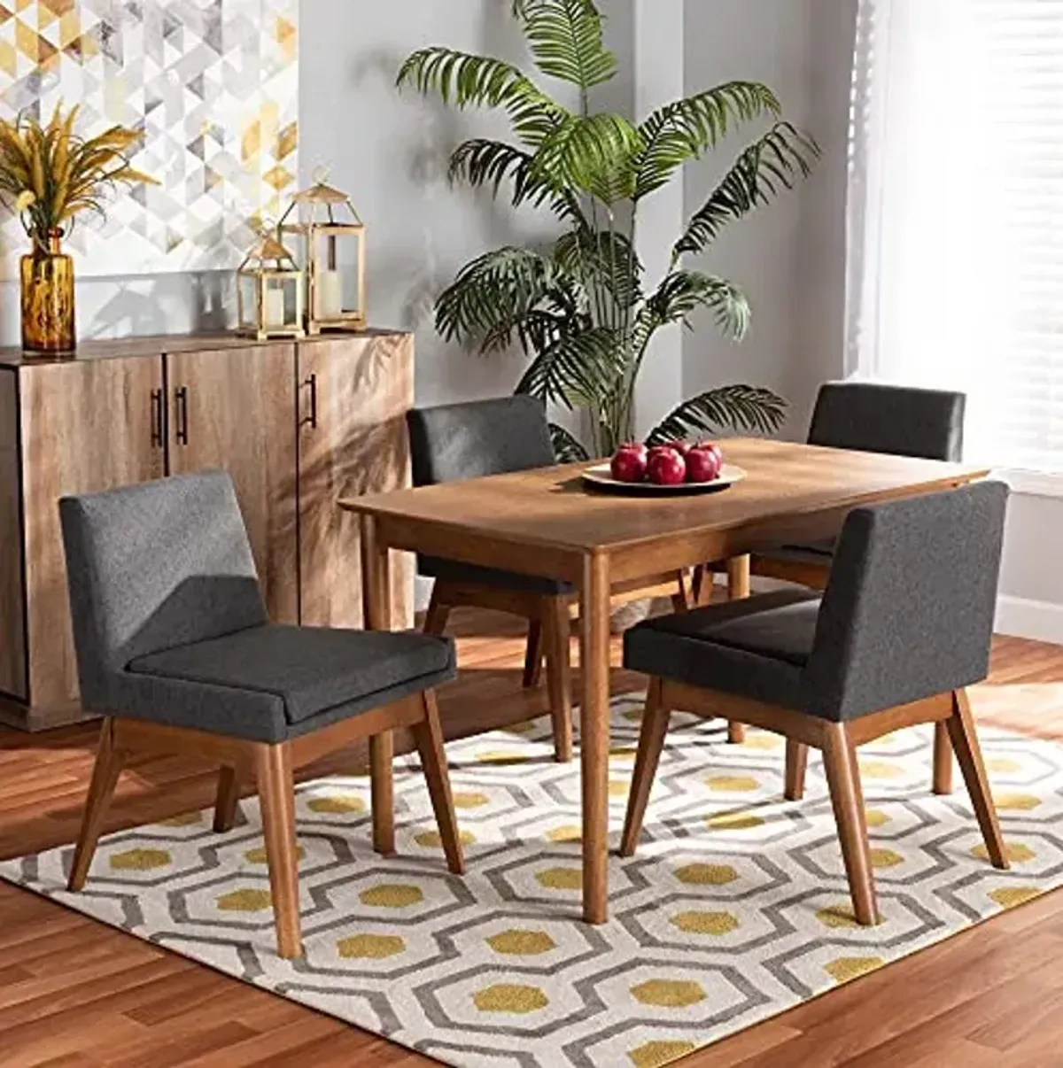 Baxton Studio Nexus Dining Set Dining Set Dark Grey Fabric Upholstered and Walnut Brown Finished Wood 5-Piece Dining Set