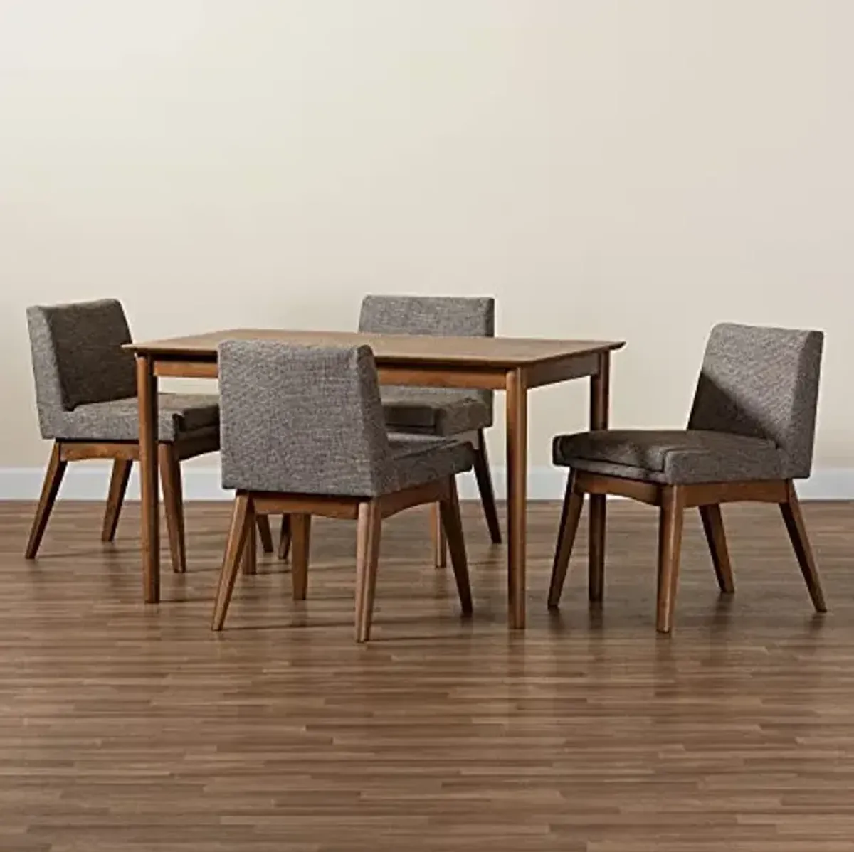 Baxton Studio Nexus Dining Set Dining Set Gravel Fabric Upholstered and Walnut Brown Finished Wood 5-Piece Dining Set