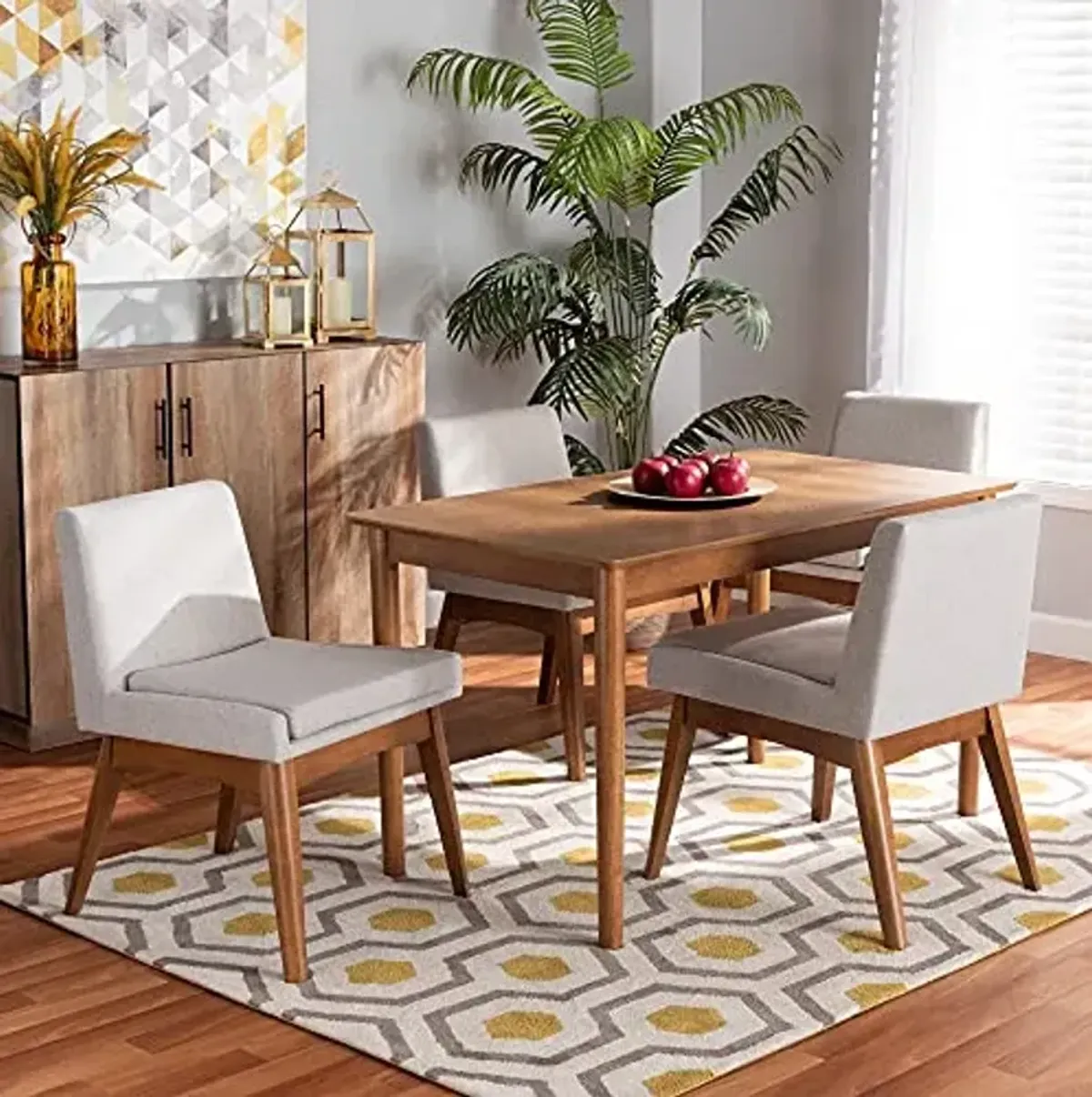 Baxton Studio Nexus Dining Set Dining Set Greyish Beige Fabric Upholstered and Walnut Brown Finished Wood 5-Piece Dining Set