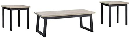 Signature Design by Ashley Waylowe Modern 3 Piece Table Set with Coffee & 2 End Tables, Beige & Black