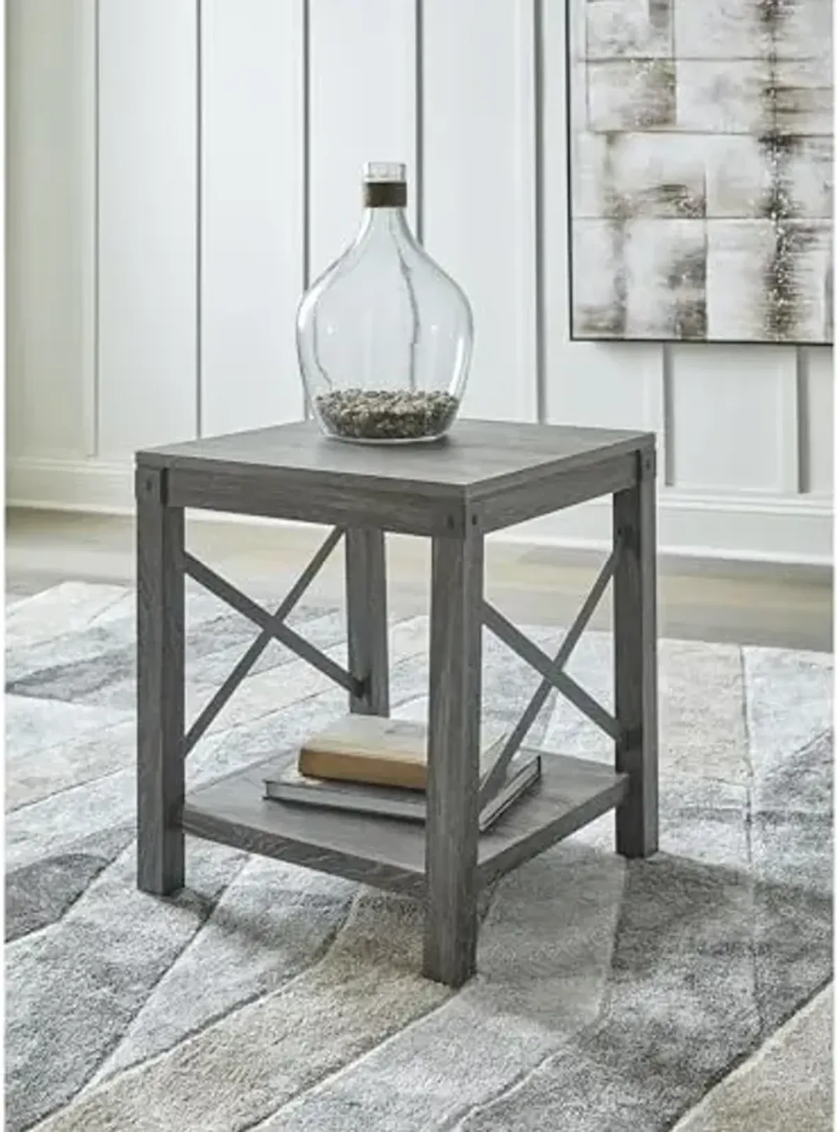 Signature Design by Ashley Freedan Rustic Square Farmhouse End Table, Wood, Metal Crossbuck Accents, Lower Display Shelf, 22.63" High, Gray