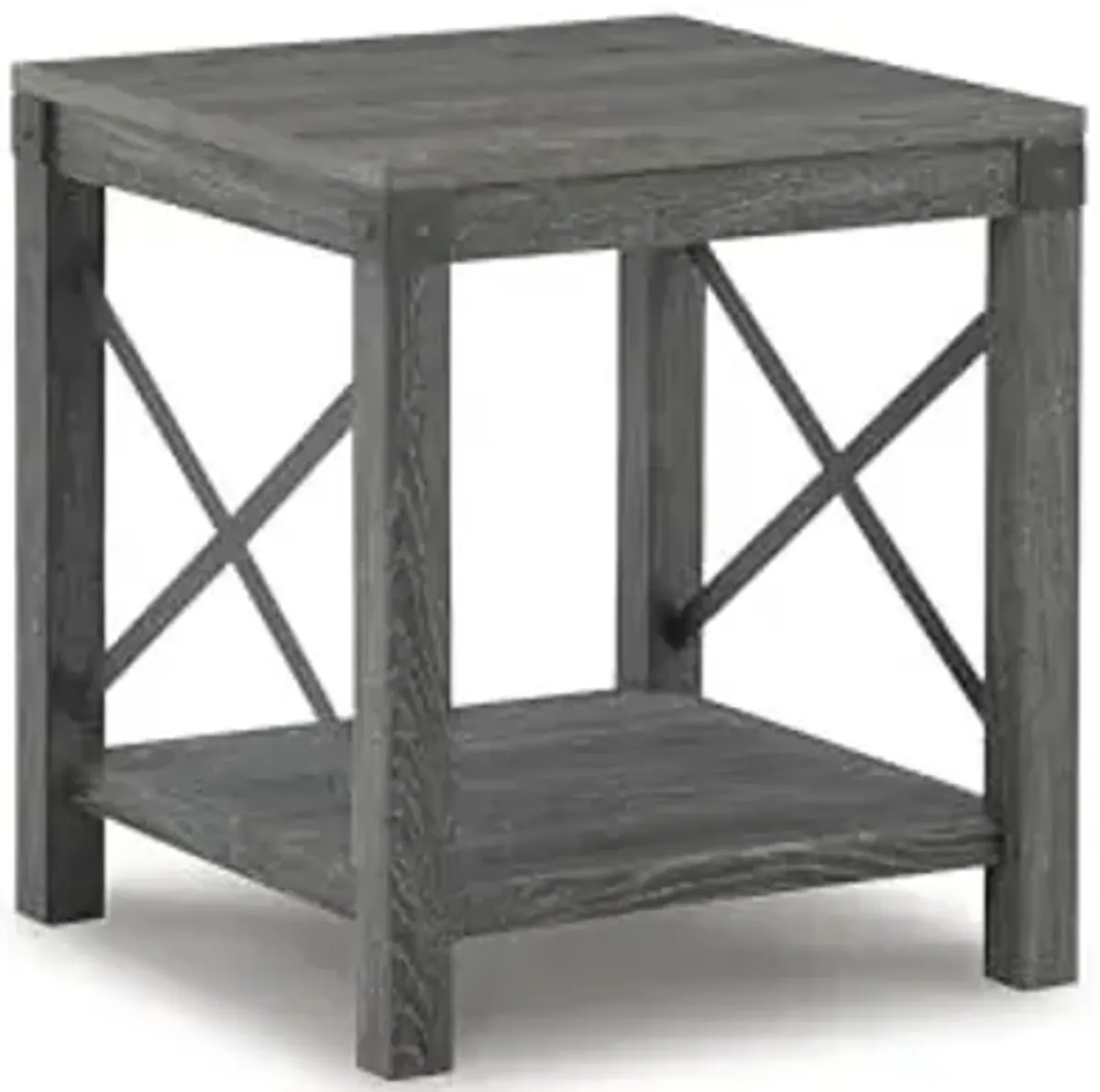 Signature Design by Ashley Freedan Rustic Square Farmhouse End Table, Wood, Metal Crossbuck Accents, Lower Display Shelf, 22.63" High, Gray