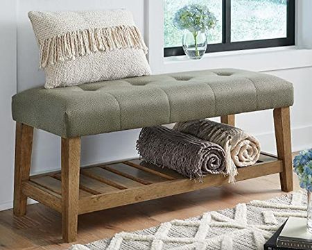 Signature Design by Ashley Cabellero Modern Upholstered Accent Bench, Light Gray & Brown