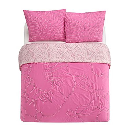 Heritage Kids Embroidered Flowers and Waves Tufted Kids 3 Piece Comforter Set, Full/Queen, Pink