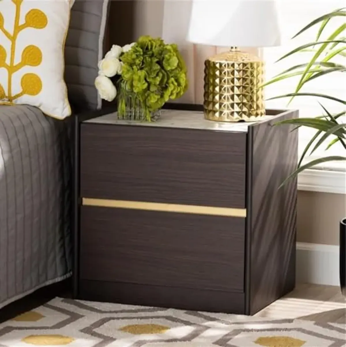 Baxton Studio Walker Modern and Contemporary Dark Brown and Gold Finished Wood Nightstand with Faux Marble Top