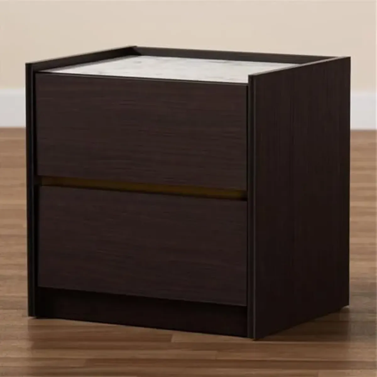 Baxton Studio Walker Modern and Contemporary Dark Brown and Gold Finished Wood Nightstand with Faux Marble Top