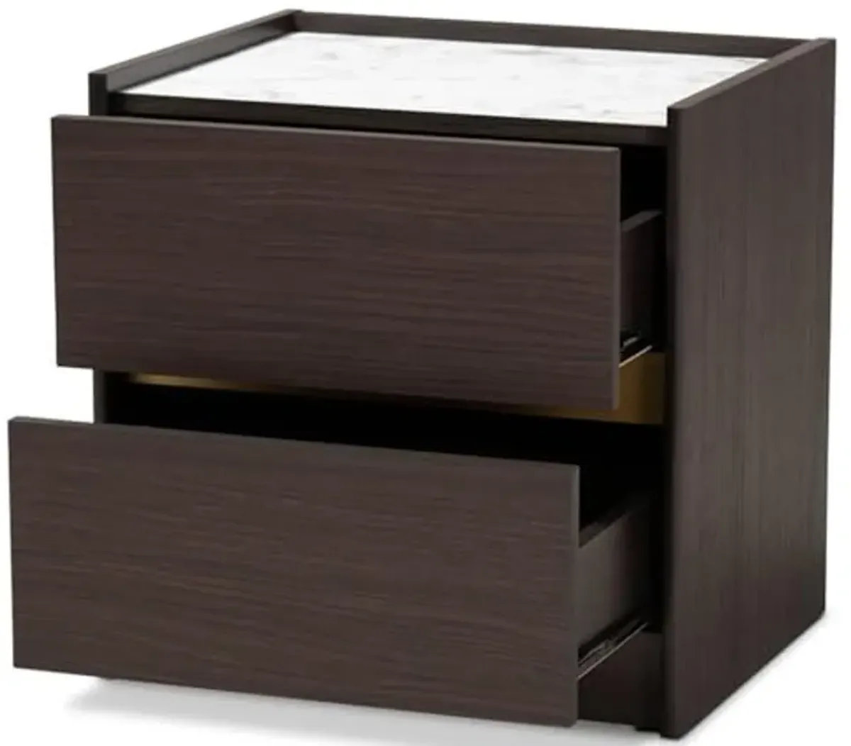 Baxton Studio Walker Modern and Contemporary Dark Brown and Gold Finished Wood Nightstand with Faux Marble Top