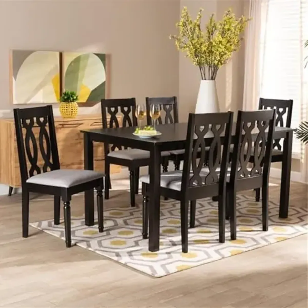 Baxton Studio Cherese Modern and Contemporary Grey Fabric Upholstered and Dark Brown Finished Wood 7-Piece Dining Set