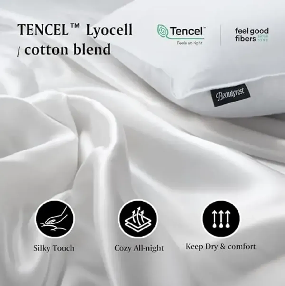 Beautyrest BT-DP-35 Tencel/Cotton Blend Cover Hypoallergenic White Down Pillow, 650 Fill Power, Jumbo