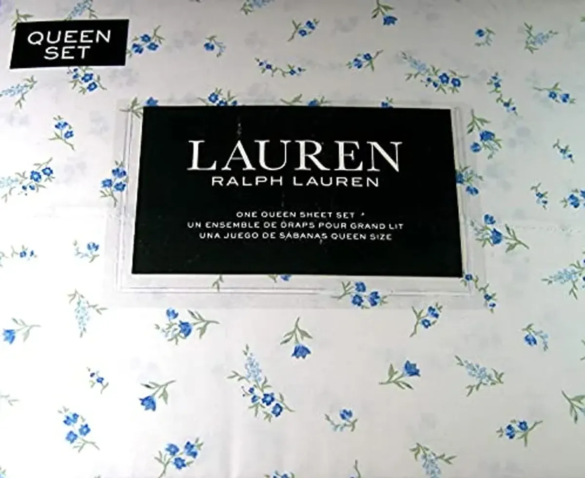 Lauren Ralph Lauren Small Floral Blue Print Sheet Set White Ground 100% Cotton (Queen)