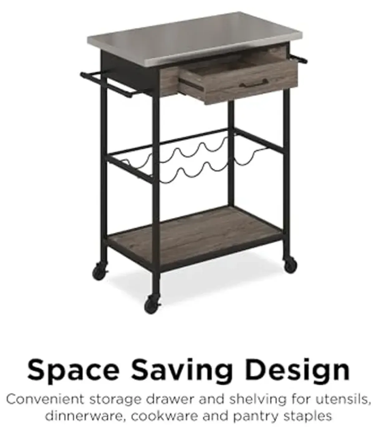 Novogratz Nora Multifunctional Kitchen Cart, Wine Rack and Pantry Storage, Stainless Steel and Black Metal, Brown