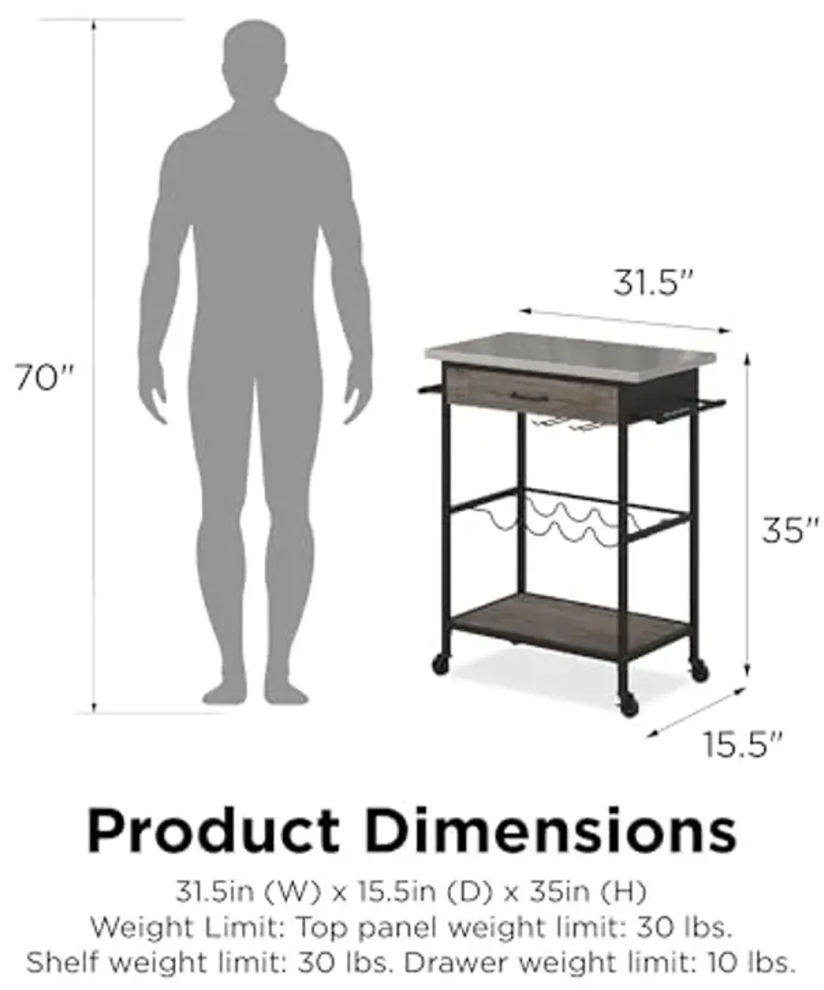 Novogratz Nora Multifunctional Kitchen Cart, Wine Rack and Pantry Storage, Stainless Steel and Black Metal, Brown