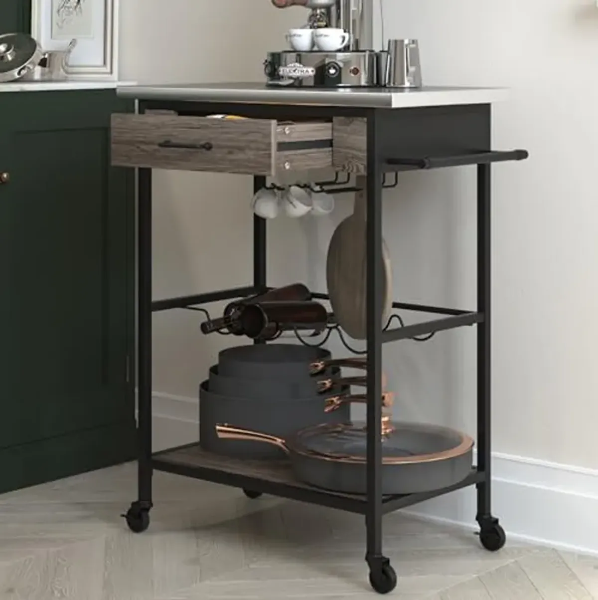 Novogratz Nora Multifunctional Kitchen Cart, Wine Rack and Pantry Storage, Stainless Steel and Black Metal, Brown