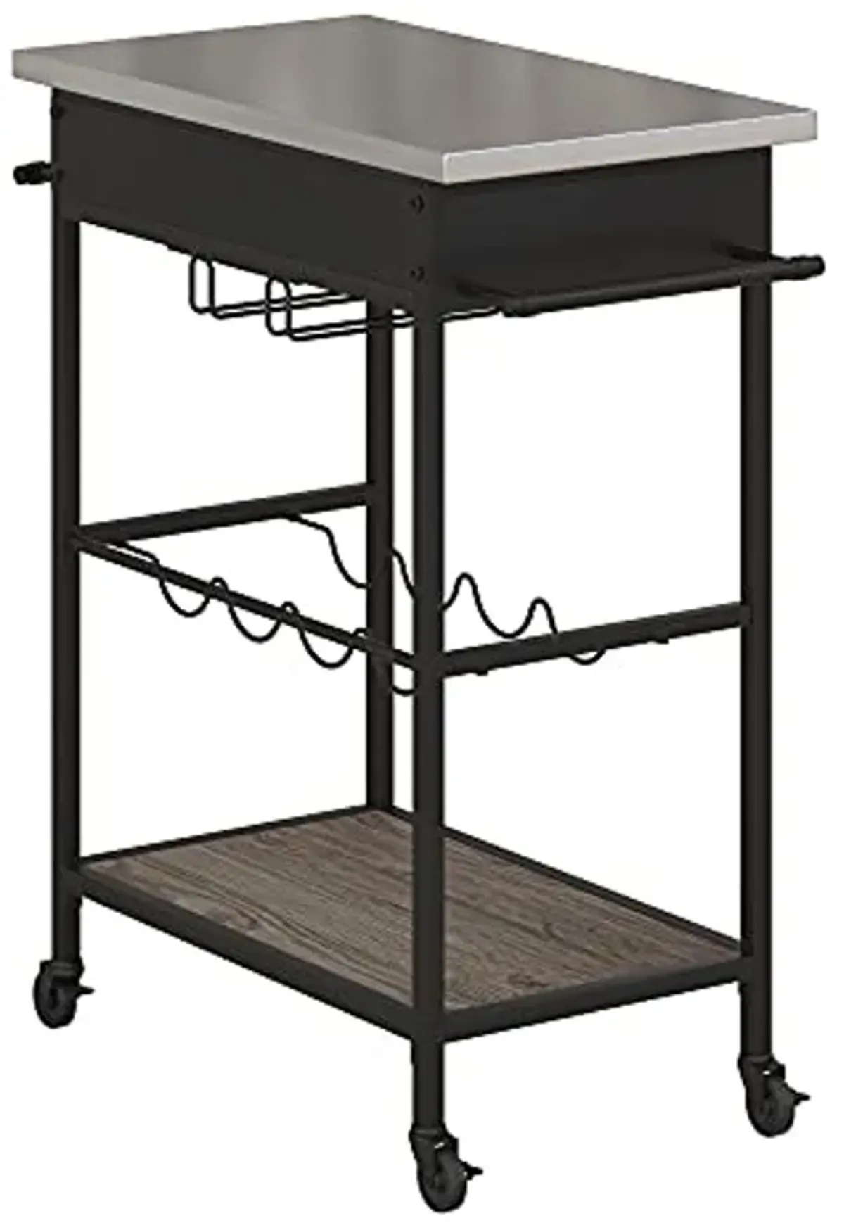 Novogratz Nora Multifunctional Kitchen Cart, Wine Rack and Pantry Storage, Stainless Steel and Black Metal, Brown