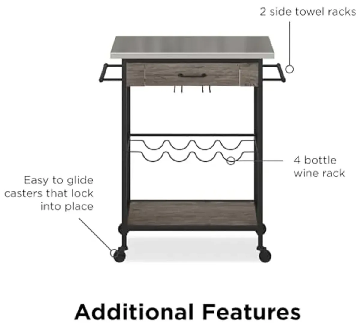 Novogratz Nora Multifunctional Kitchen Cart, Wine Rack and Pantry Storage, Stainless Steel and Black Metal, Brown