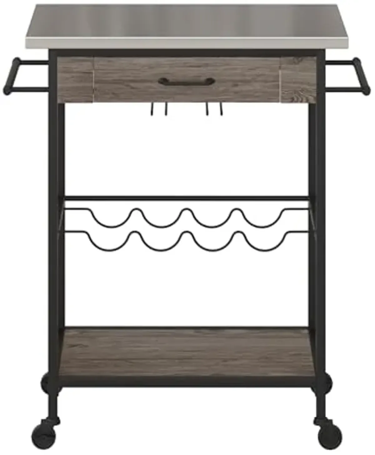 Novogratz Nora Multifunctional Kitchen Cart, Wine Rack and Pantry Storage, Stainless Steel and Black Metal, Brown