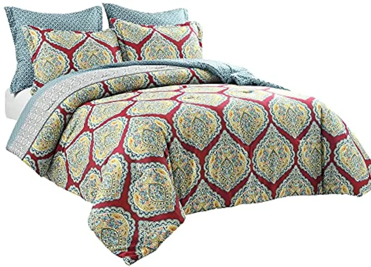 Lush Decor Harley Damask Reversible 5 Piece Comforter Set, King, Red