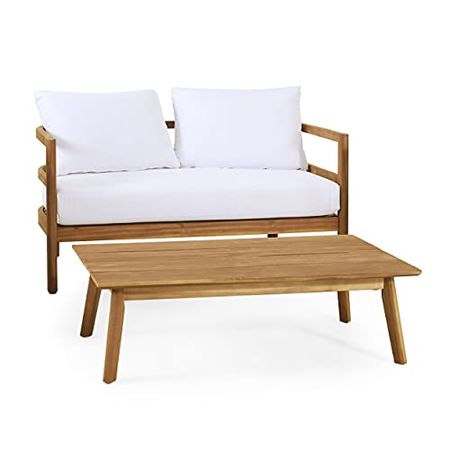 Christopher Knight Home Ellendale Loveseat and Coffee Table Set, White + Teak